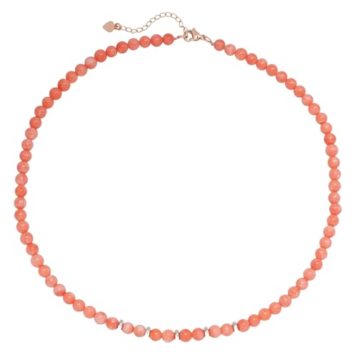 Pink Coral Beaded Gemstone Necklace Against a White Background