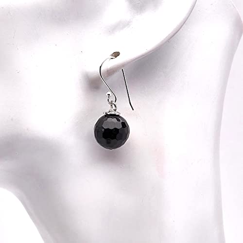 Black Agate Faceted 12mm Bead Gemstone Dangle Drop Earrings