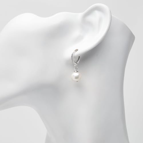 White Near Round Pearl Huggie Hoop Earrings on Stand