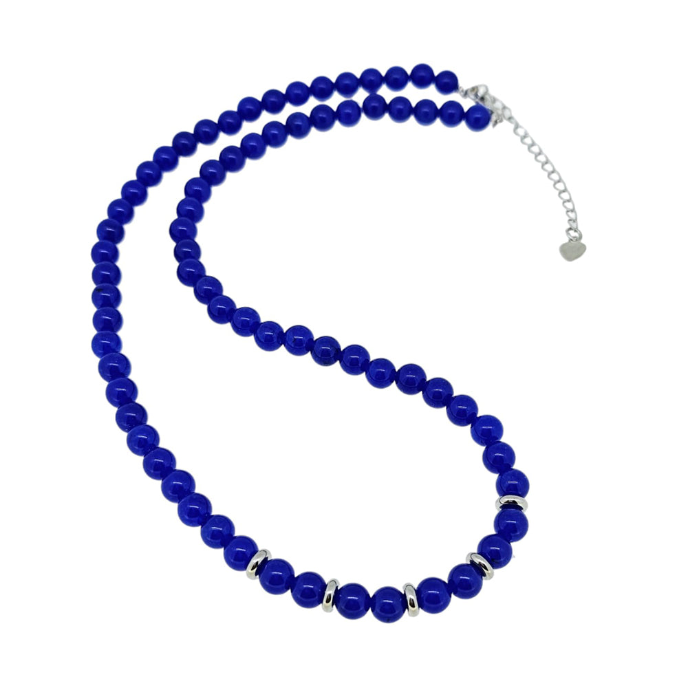 Royal Blue Agate Beaded Gemstone Necklace Against a White Background