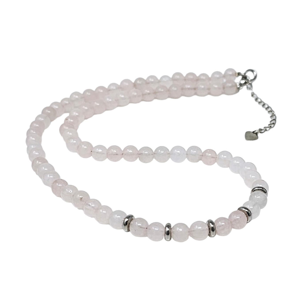 Rose Quartz Beaded Gemstone Necklace Against a White Background