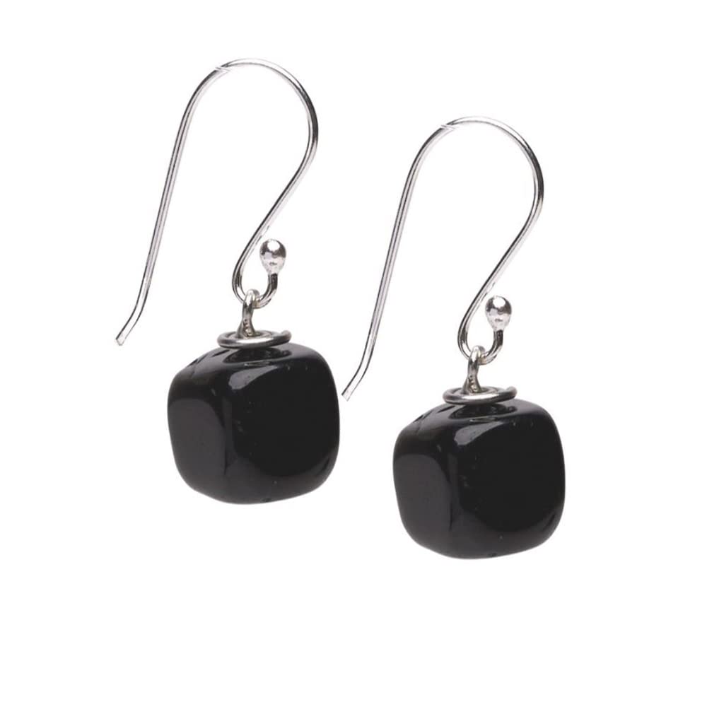Black Agate Cube Shape Gemstone Dangle Drop Earrings