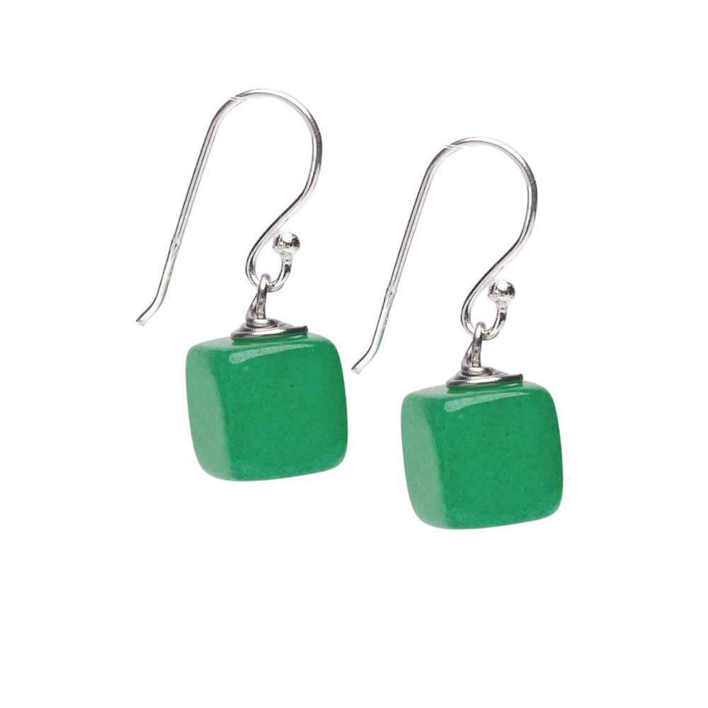 Green Jade Cube Shape Gemstone Dangle Drop Earrings