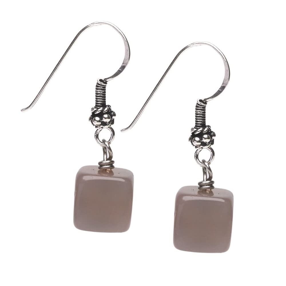 Grey Agate Cube Shape Gemstone Dangle Drop Earrings