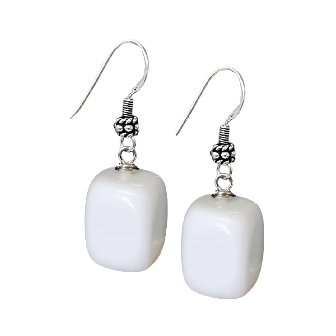 Women's Dangle Earrings | White Agate Gemstones with Sterling Silver Hooks