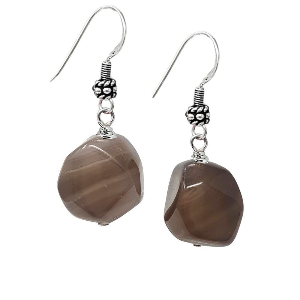Unique Shape Faceted Gray Agate Gemstone Drop Earrings