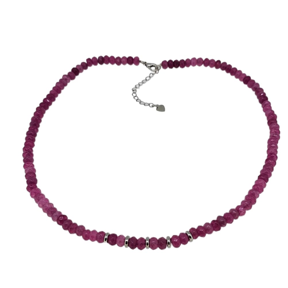 Pink Jade Beaded Gemstone Necklace Against a White Background