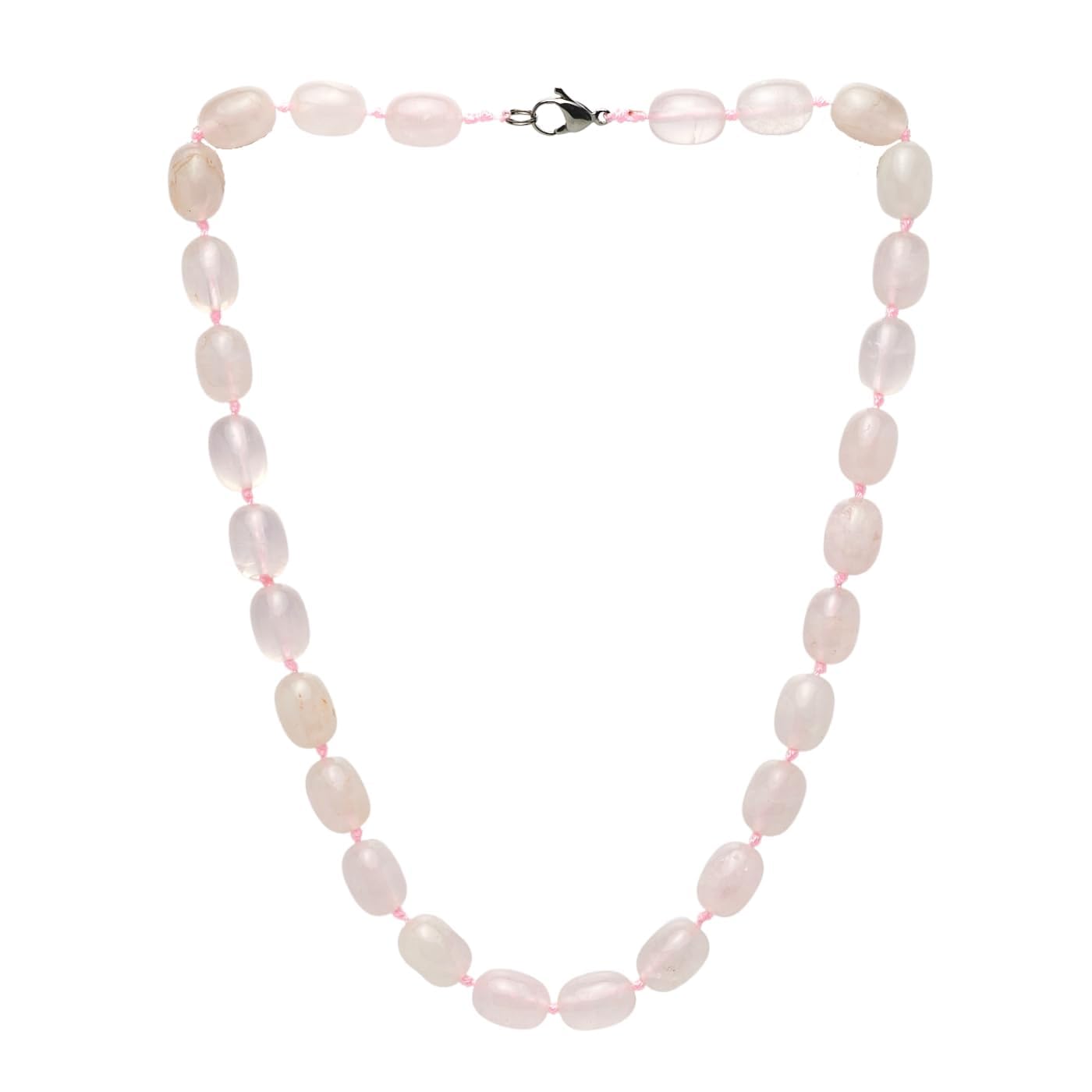 Rose Quartz 10x16mm Beaded Gemstone Necklace on a White Background
