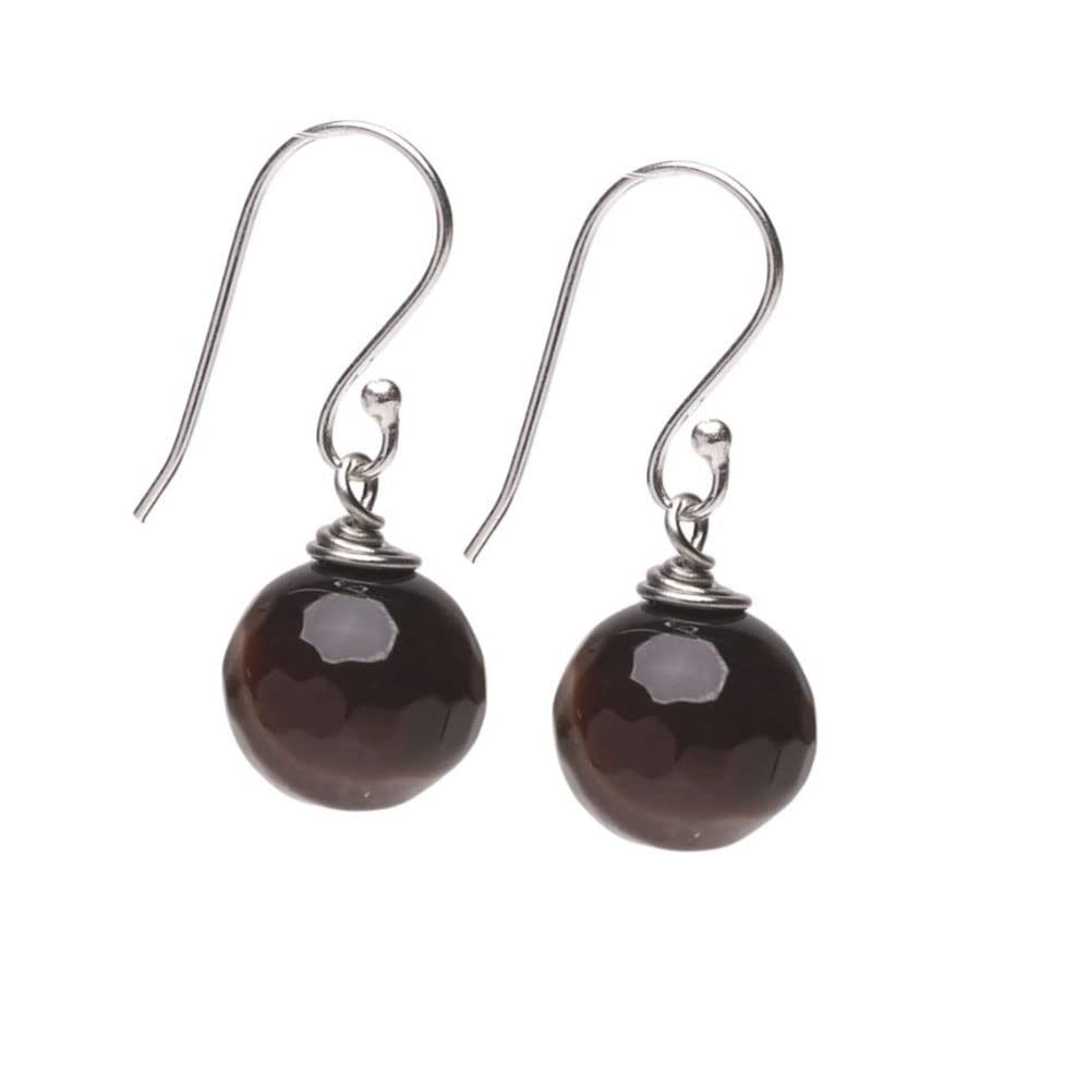 Brown Agate 12mm Faceted Bead Gemstone Dangle Drop Earrings