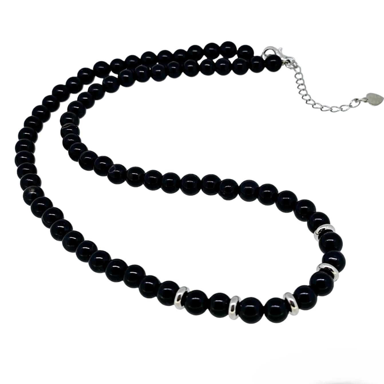 Round Black Agate Beaded Gemstone Necklace Against a White Background