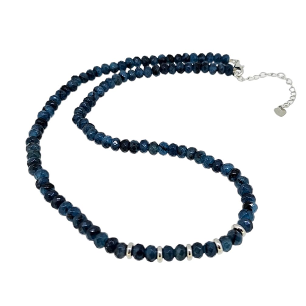 Dark Blue Jade Beaded Gemstone Necklace Against a White Background