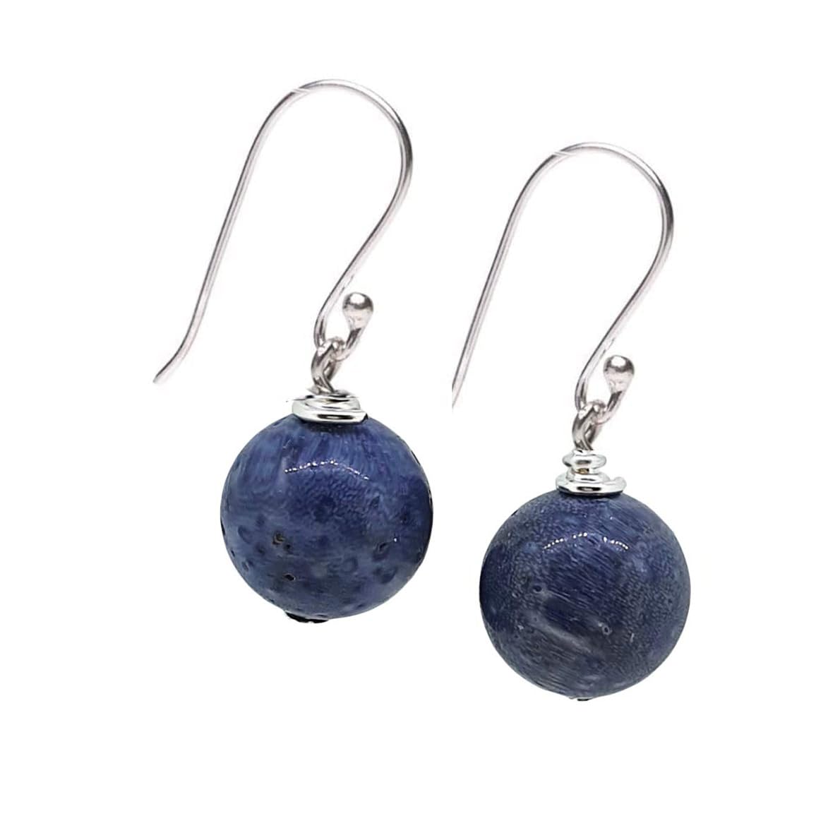 Blue Coral 12mm Bead Gemstone Dangle Drop Earrings
