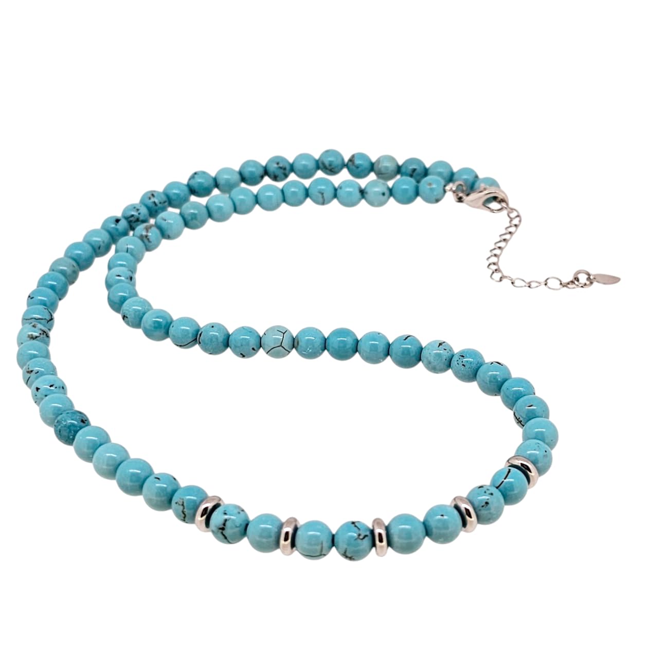 Round Blue Turquoise Beaded Gemstone Necklace Against a White Background