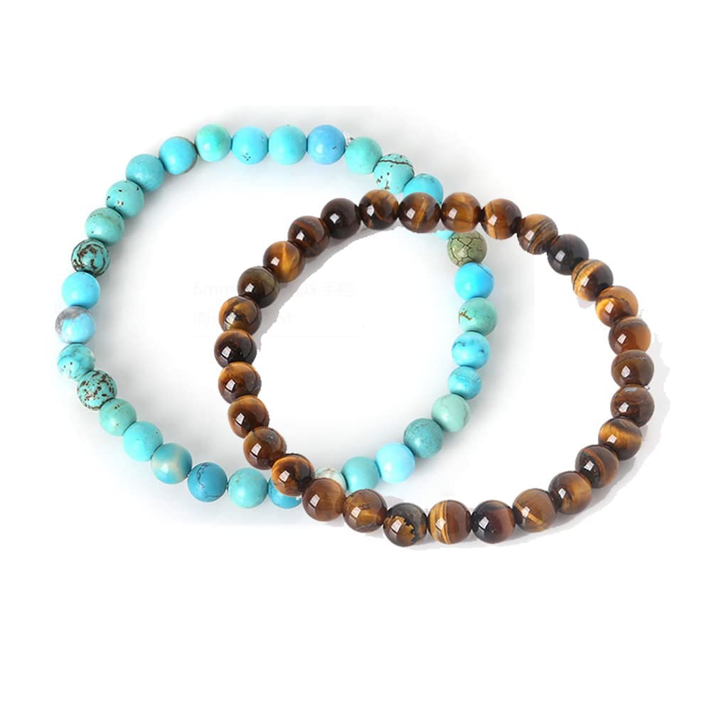 Blue Turquoise & Brown Tiger's Eye 6mm Stretchy Gemstone Bracelet