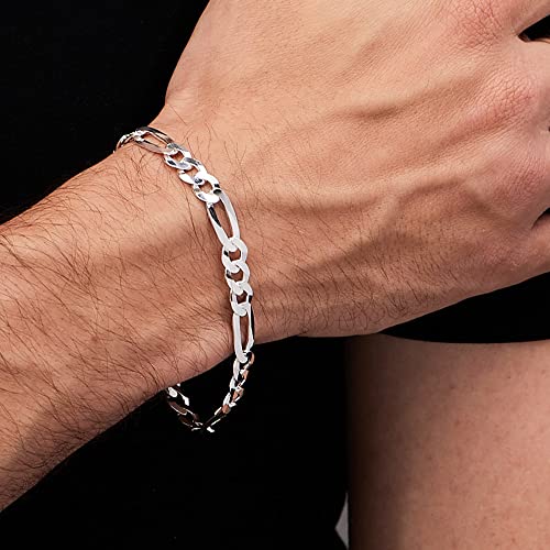 Solid Figaro Chain Bracelet for Men |8mm 925 Sterling Silver Bracelet - Lengths: 18.5cm, 19.5cm, 20cm, 21cm, 23cm