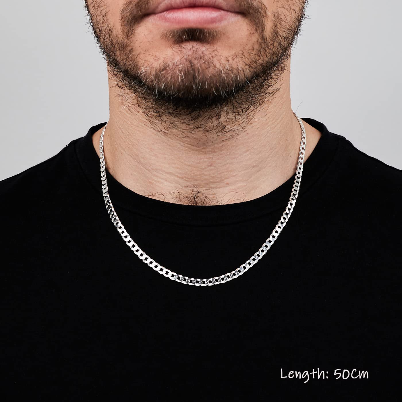 4.8mm 925 sterling silver curb chain necklace on male model 50cm length