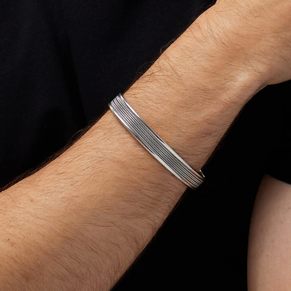 Men's Silver Bracelet | Open Cuff Bangle with Braided Details in Solid 925 Sterling Silver
