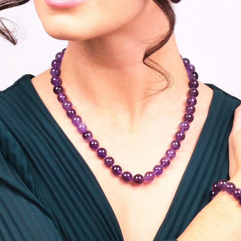 10mm Round Gemstone Beaded Necklace on Female Model