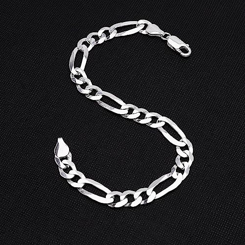Solid Figaro Chain Bracelet for Men |8mm 925 Sterling Silver Bracelet - Lengths: 18.5cm, 19.5cm, 20cm, 21cm, 23cm