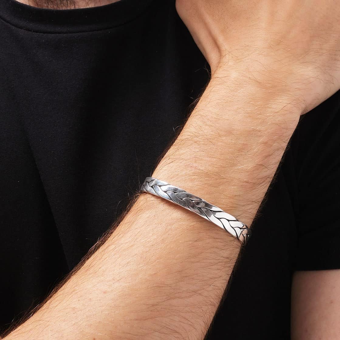 925 sterling sliver braided bangle bracelet on male model