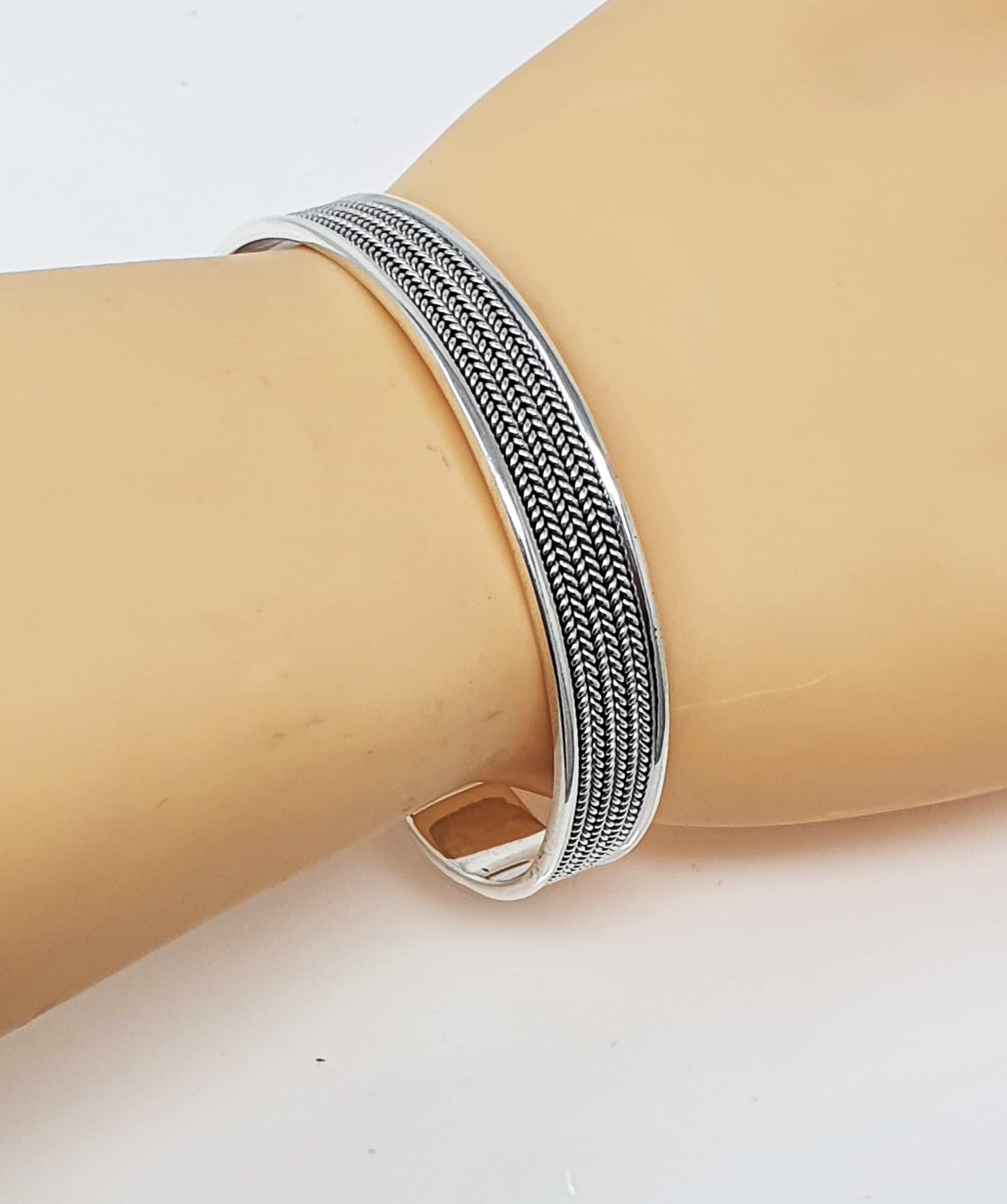 Men's Silver Bracelet | Open Cuff Bangle with Braided Details in Solid 925 Sterling Silver