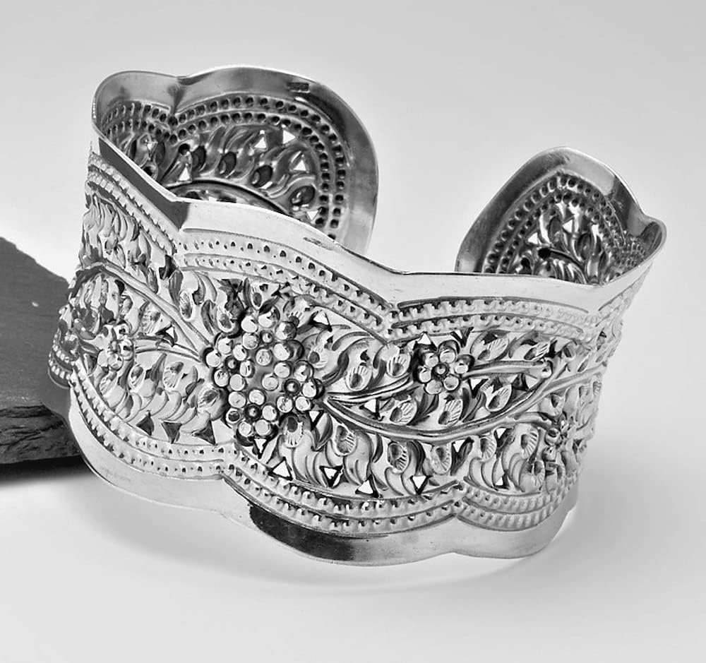 Floral Cuff Bangle | Chunky Wide 925 Sterling Silver Bracelet with Flower Design for Women
