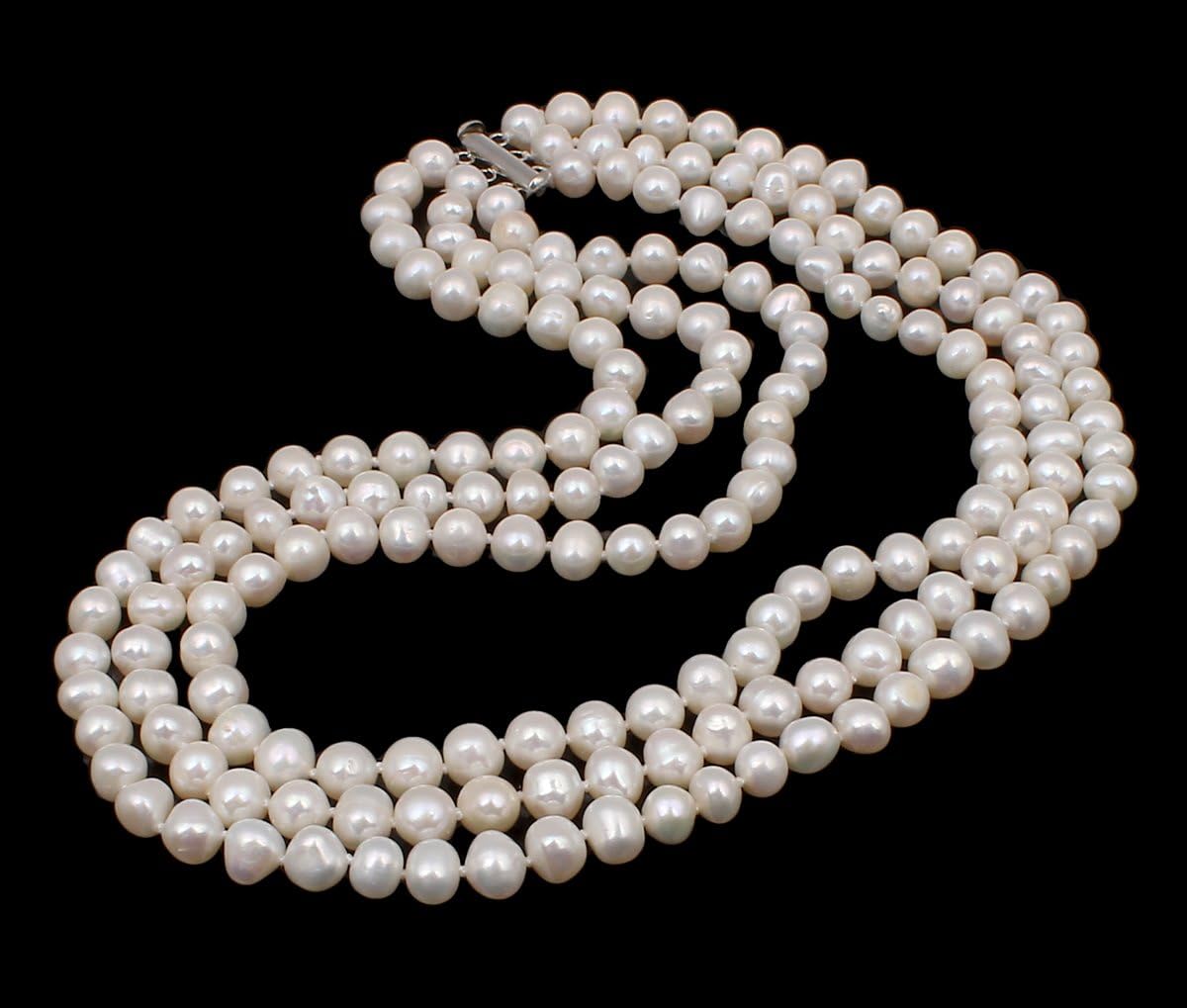 Triple Row AA Grade 7mm White Freshater Pearl Necklace with Sterling Silver Clasp