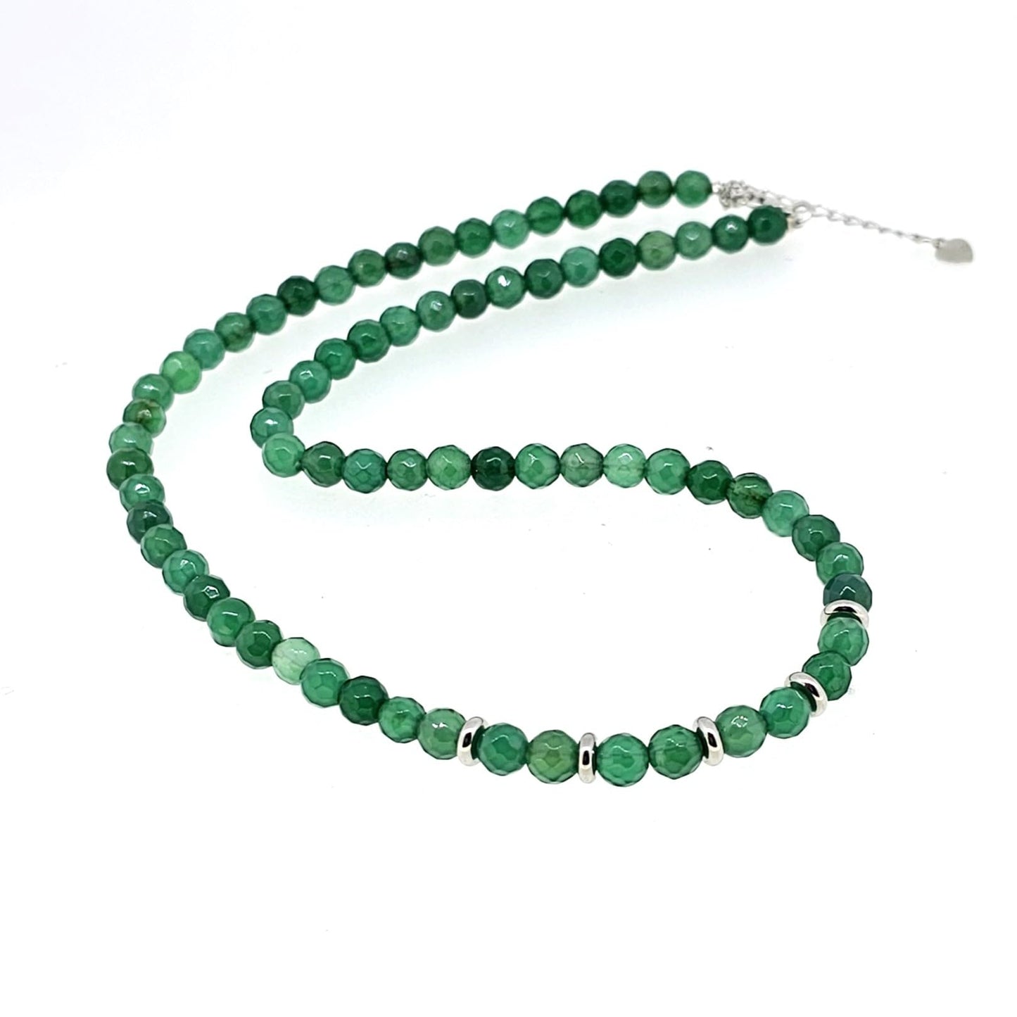 Faceted Green Agate Beaded Gemstone Necklace Against a White Background
