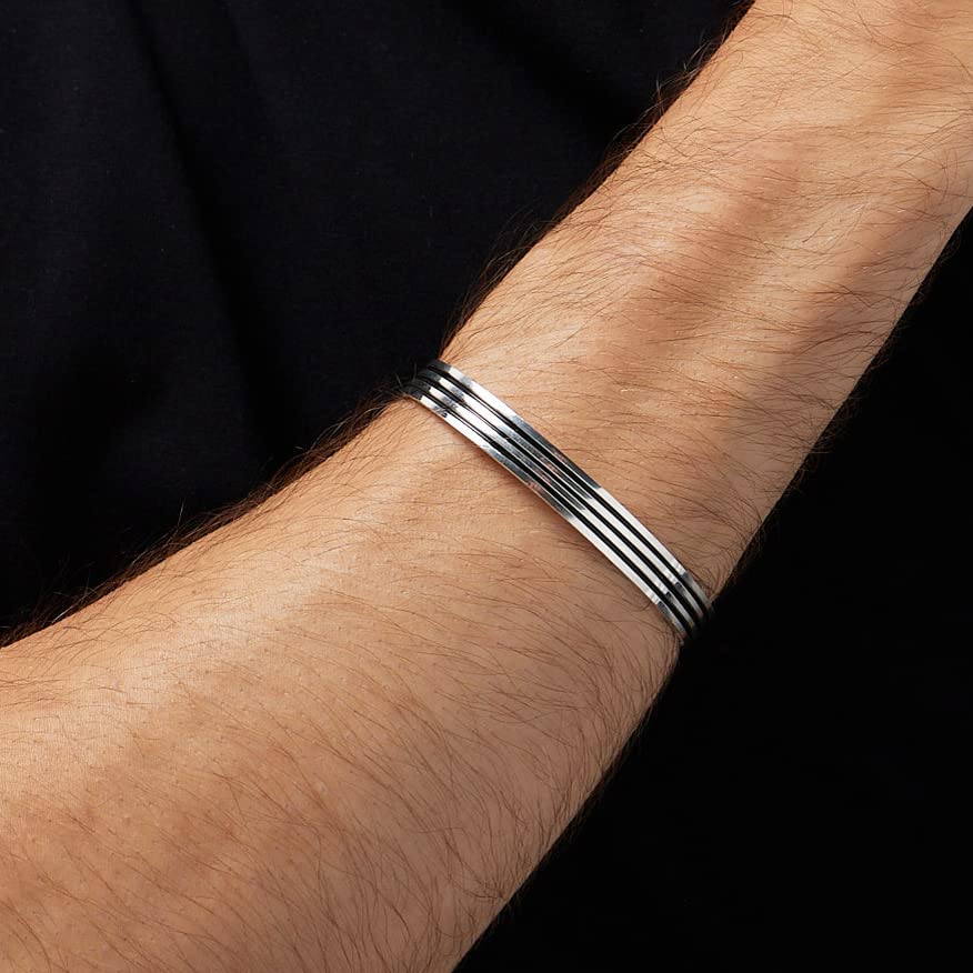 925 sterling silver triple lines bangle bracelet on model