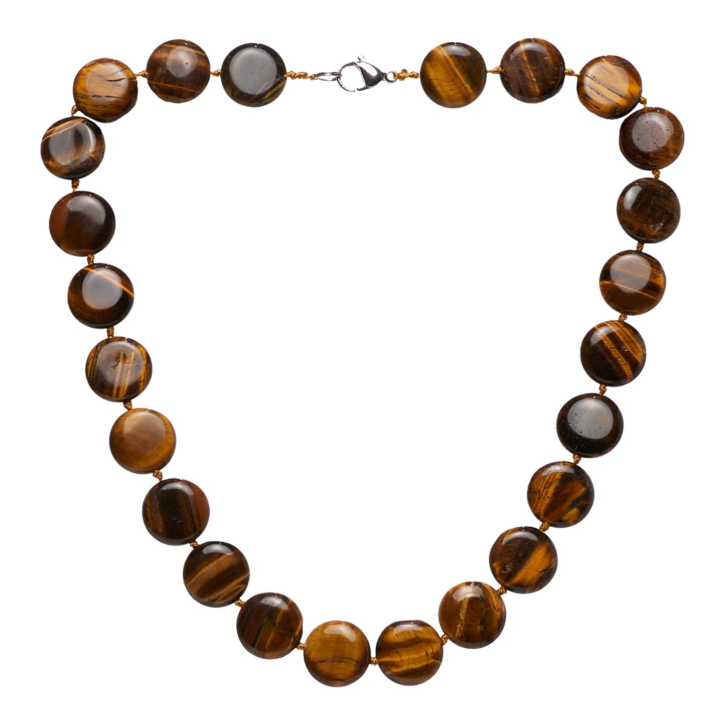 Round Disc Tiger's Eye Gemstone Necklace against a white background