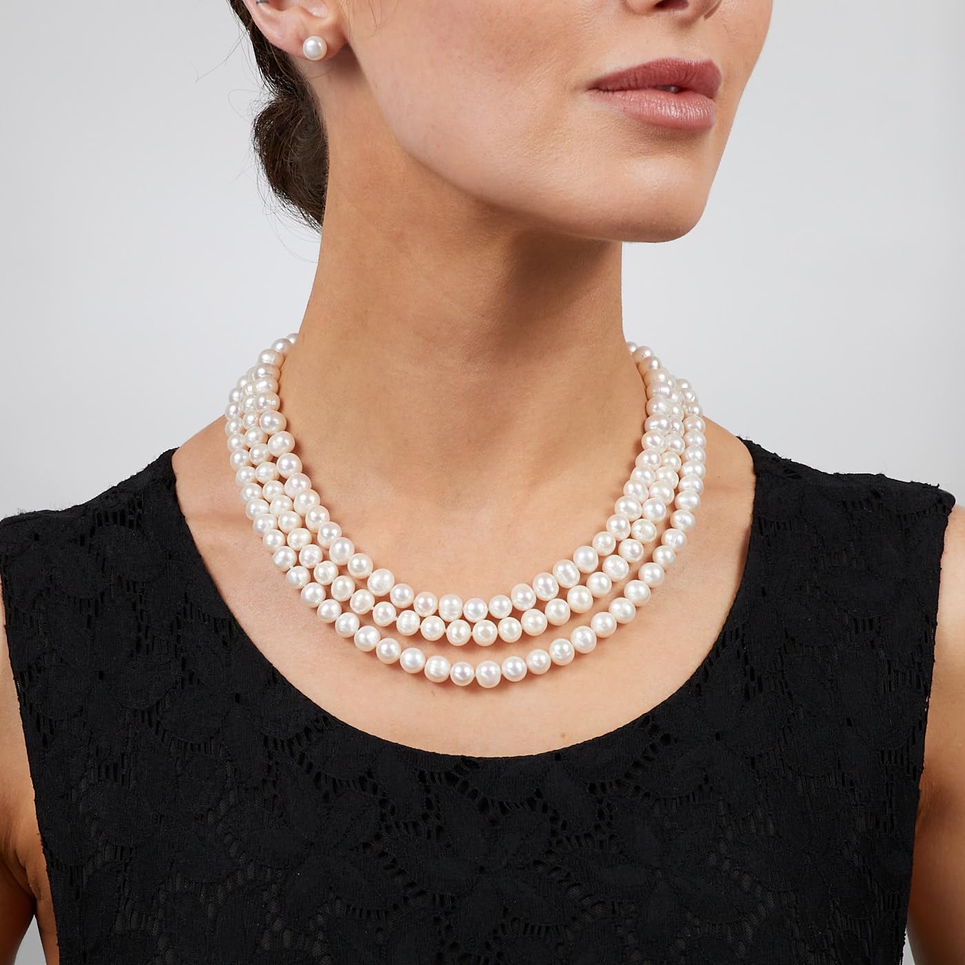 White Freshater Pearl Necklace Triple Row AA Grade 7mm on Female Model