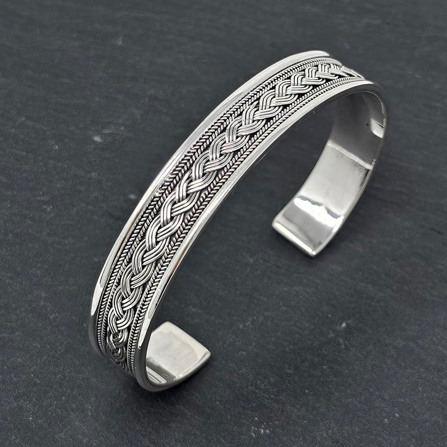925 sterling silver braided details open cuff bangle bracelet for men
