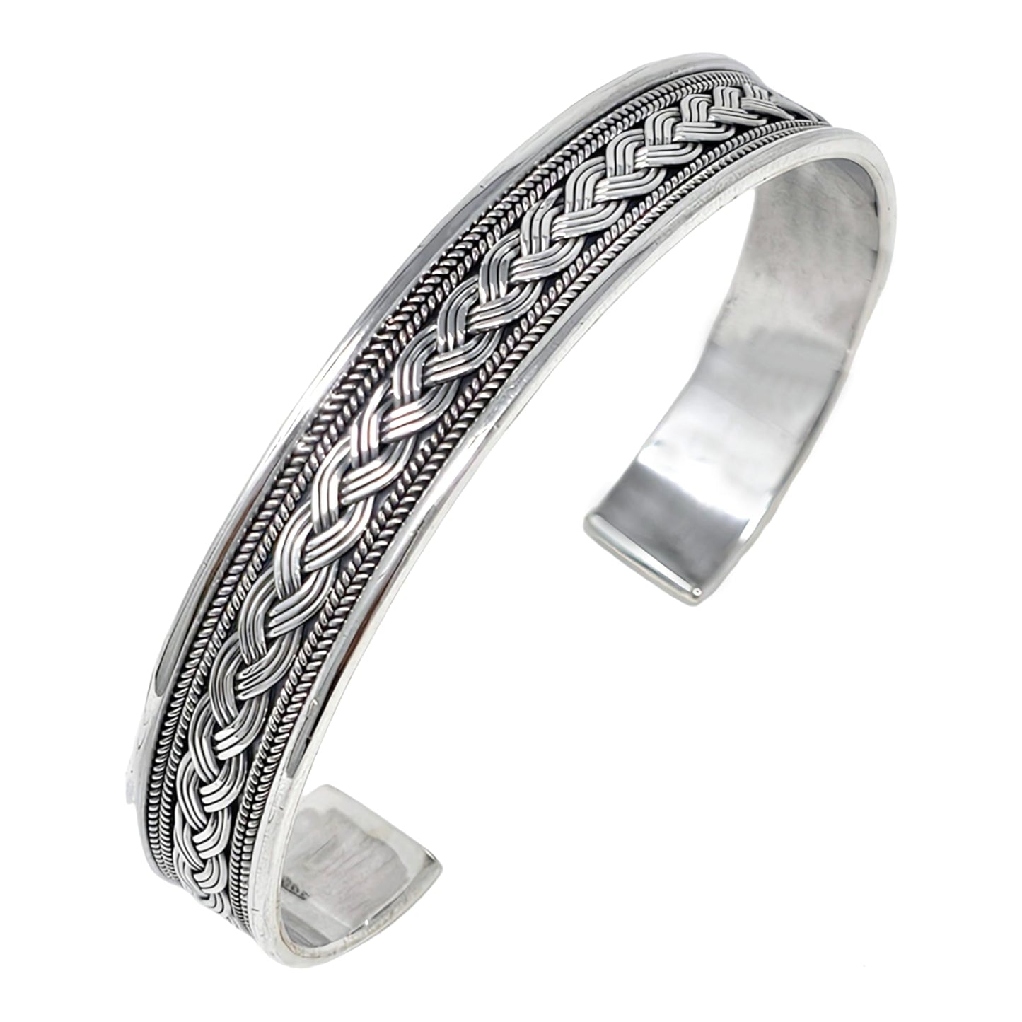 Braided details open cuff 925 sterling silver bangle bracelet for men
