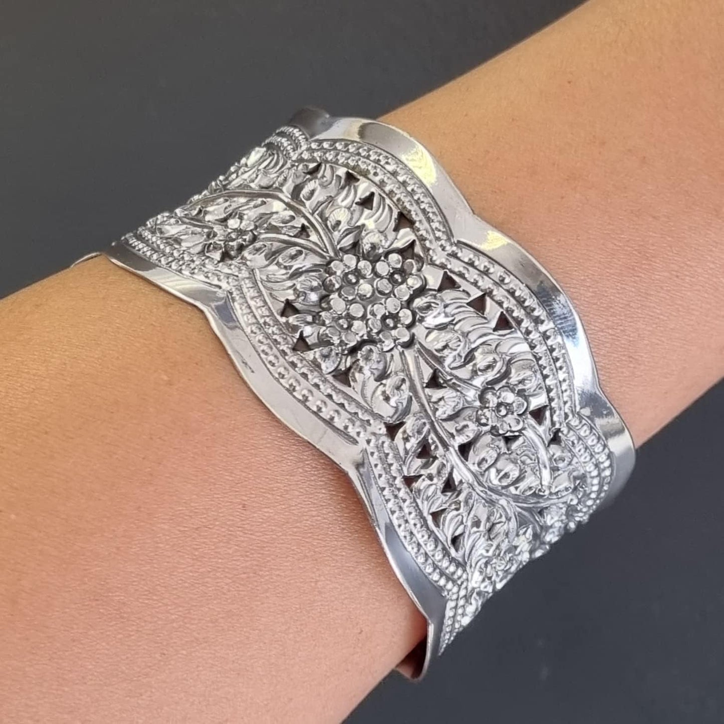 Floral Cuff Bangle | Chunky Wide 925 Sterling Silver Bracelet with Flower Design for Women