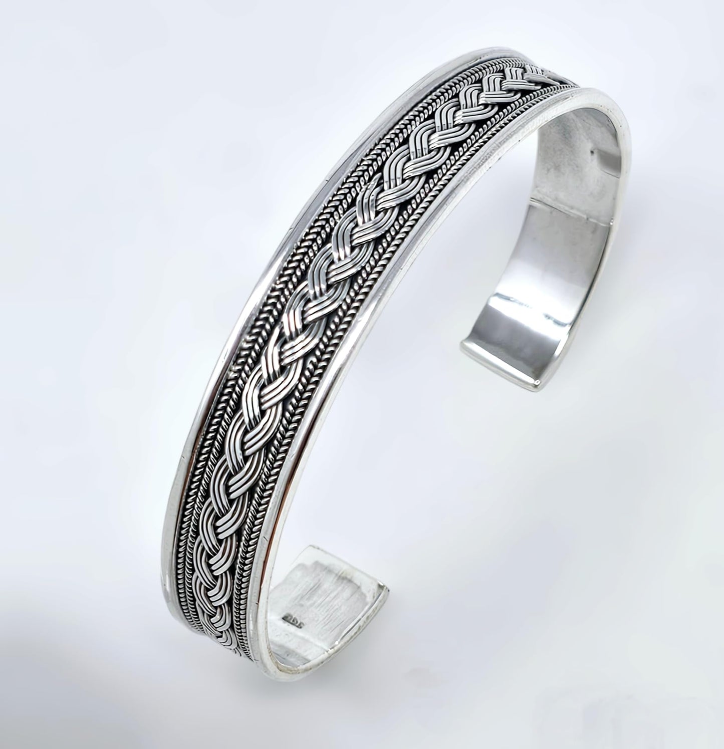 Braided details 925 sterling silver open cuff bangle bracelet for men