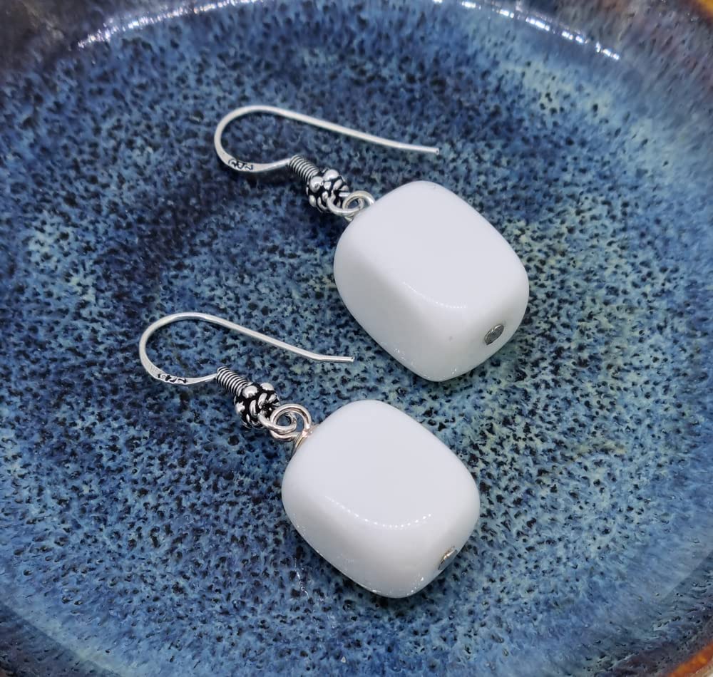 Women's Dangle Earrings | White Agate Gemstones with Sterling Silver Hooks