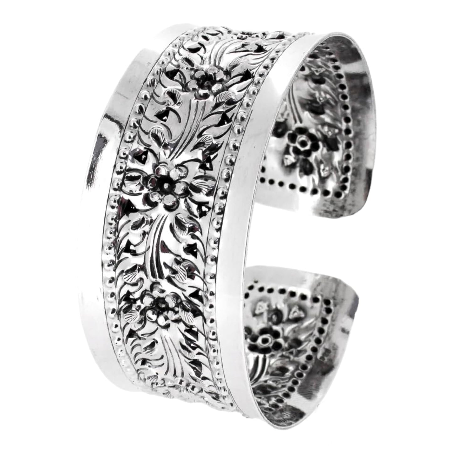 925 sterling silver wide floral embossed cuff bracelet for women
