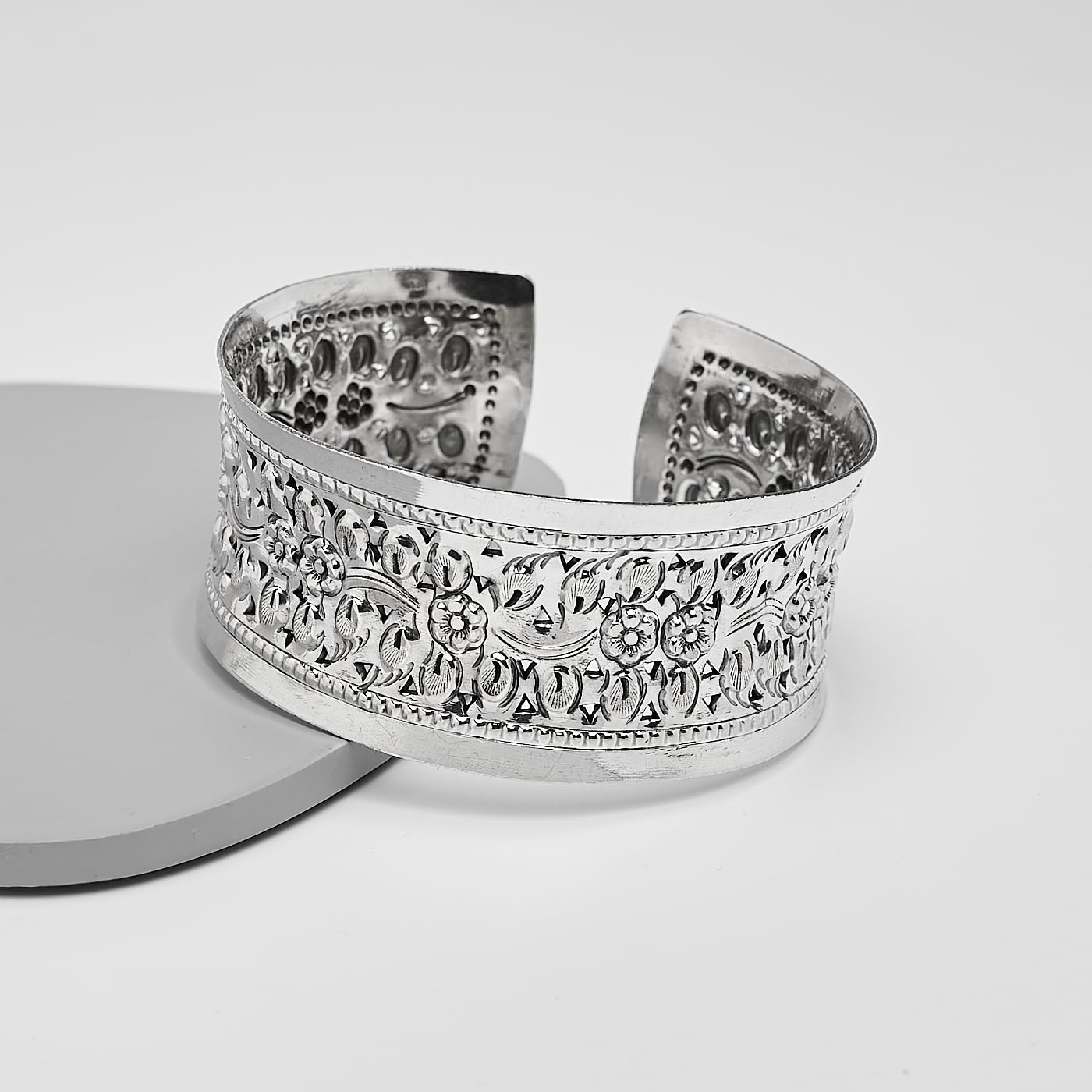 Wide Floral Cuff Bangle 925 sterling Silver