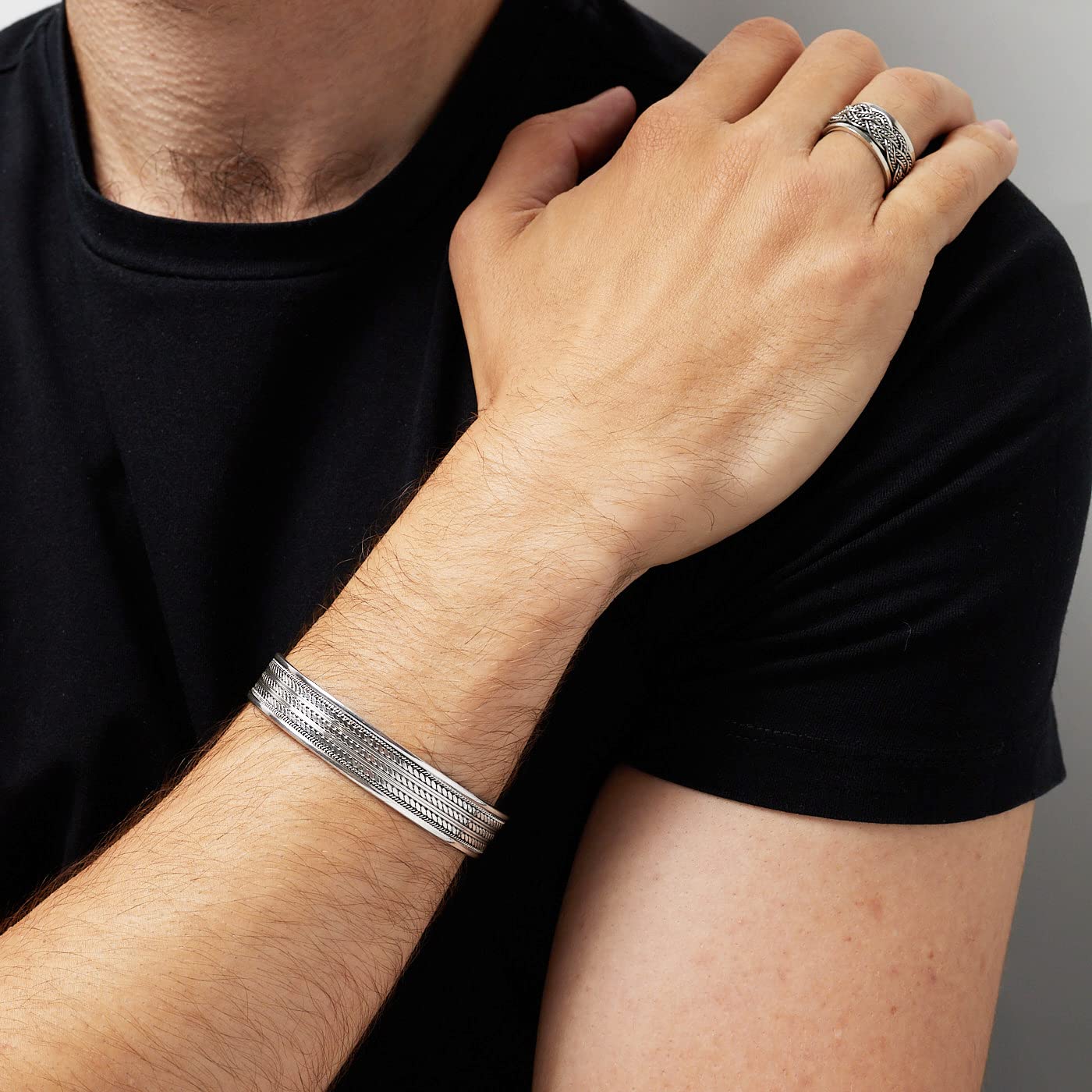 mens silver bangle braided details