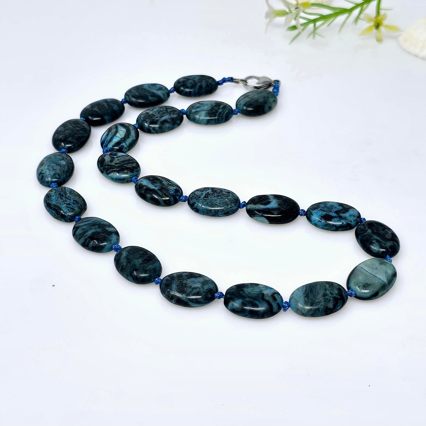 Gemstone Beaded Necklace | Stunning Oval Blue Crazy Agate Natural Gemstone Necklace for Women