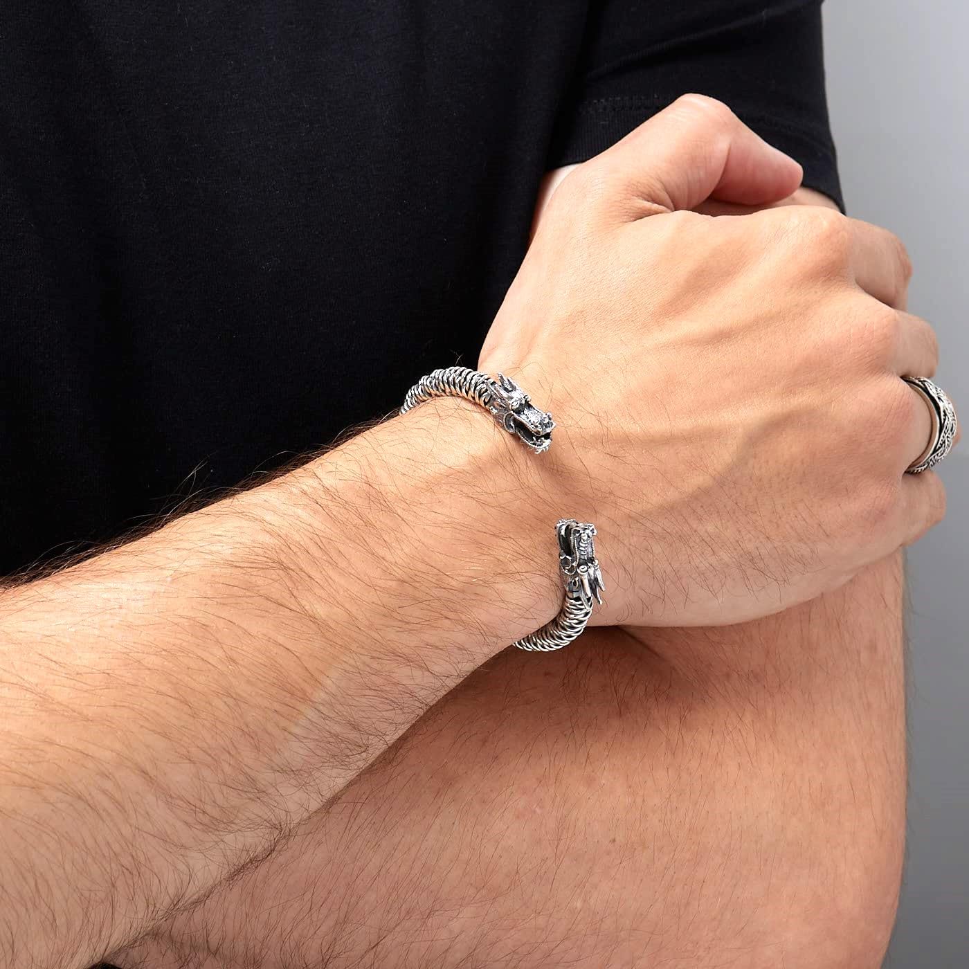 925 sterling silver dragon bangle on model