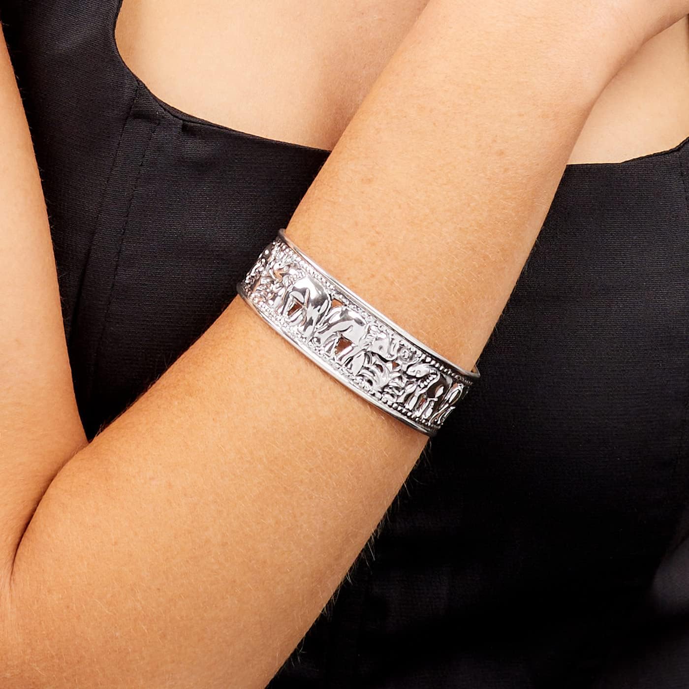 925 Sterling Silver Elephant Design Bangle on Model