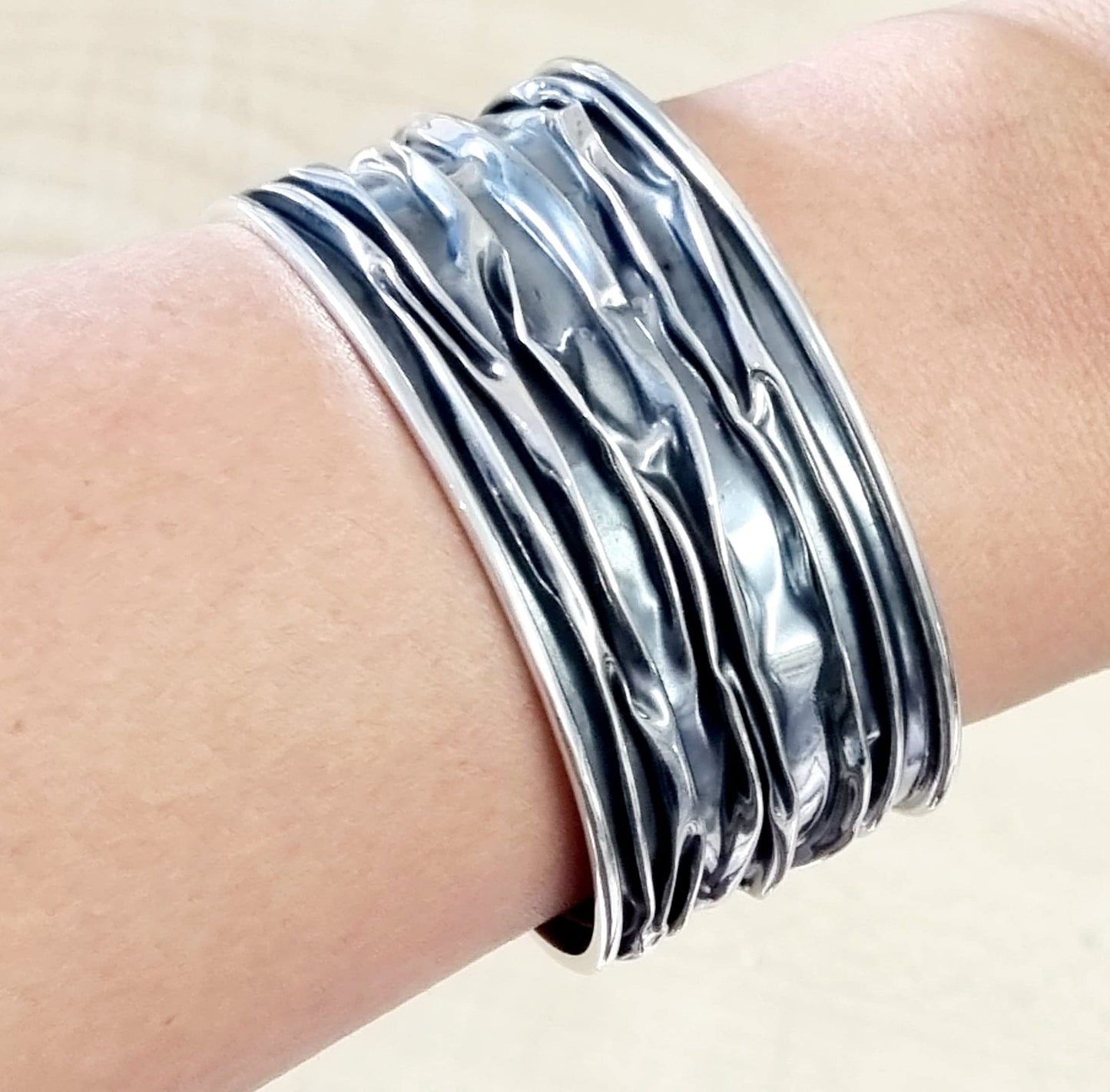 Cuff Bracelet for Women | Chunky 925 Sterling Silver Crushed Style Bangle - 30MM