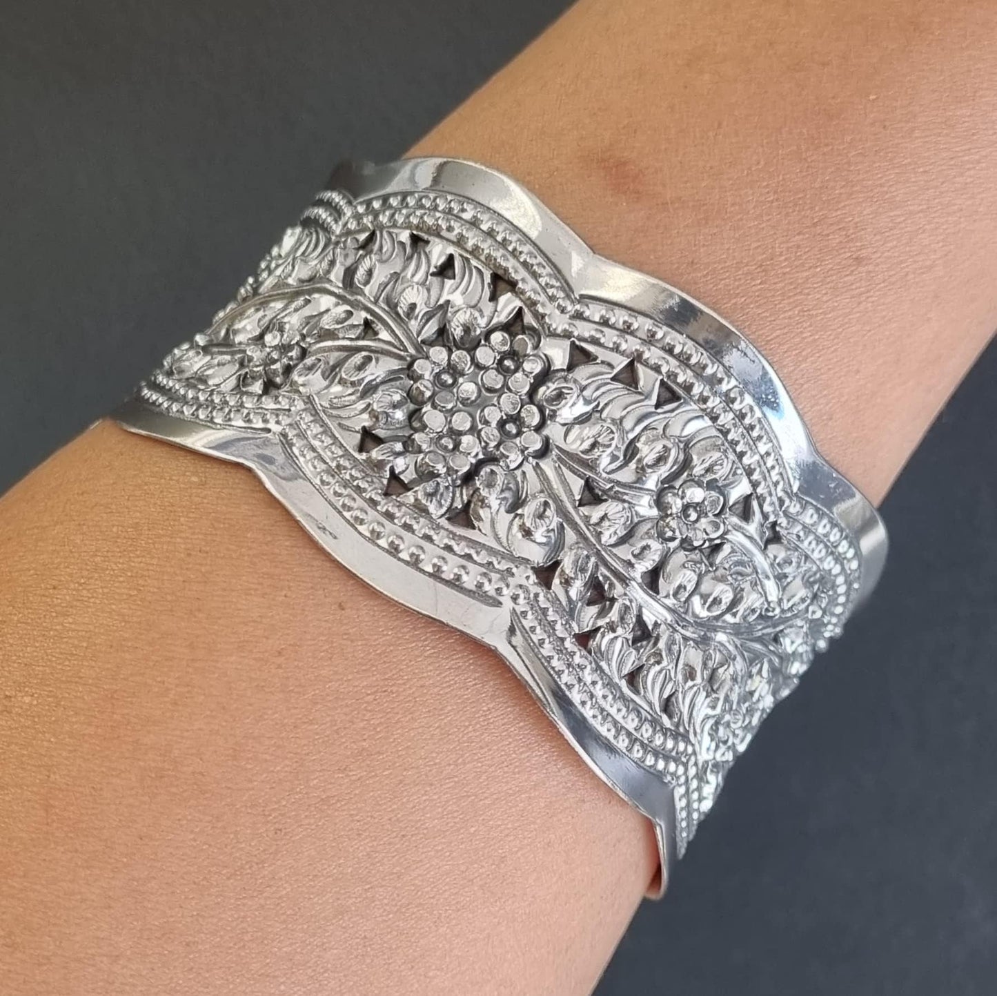 Floral Cuff Bangle | Chunky Wide 925 Sterling Silver Bracelet with Flower Design for Women