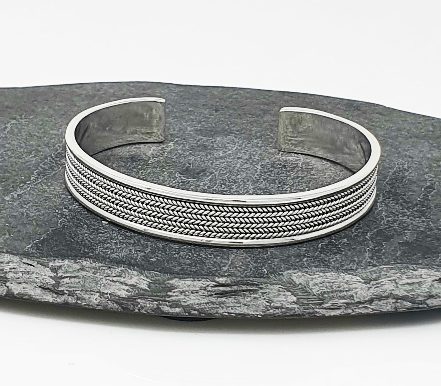 Men's Silver Bracelet | Open Cuff Bangle with Braided Details in Solid 925 Sterling Silver