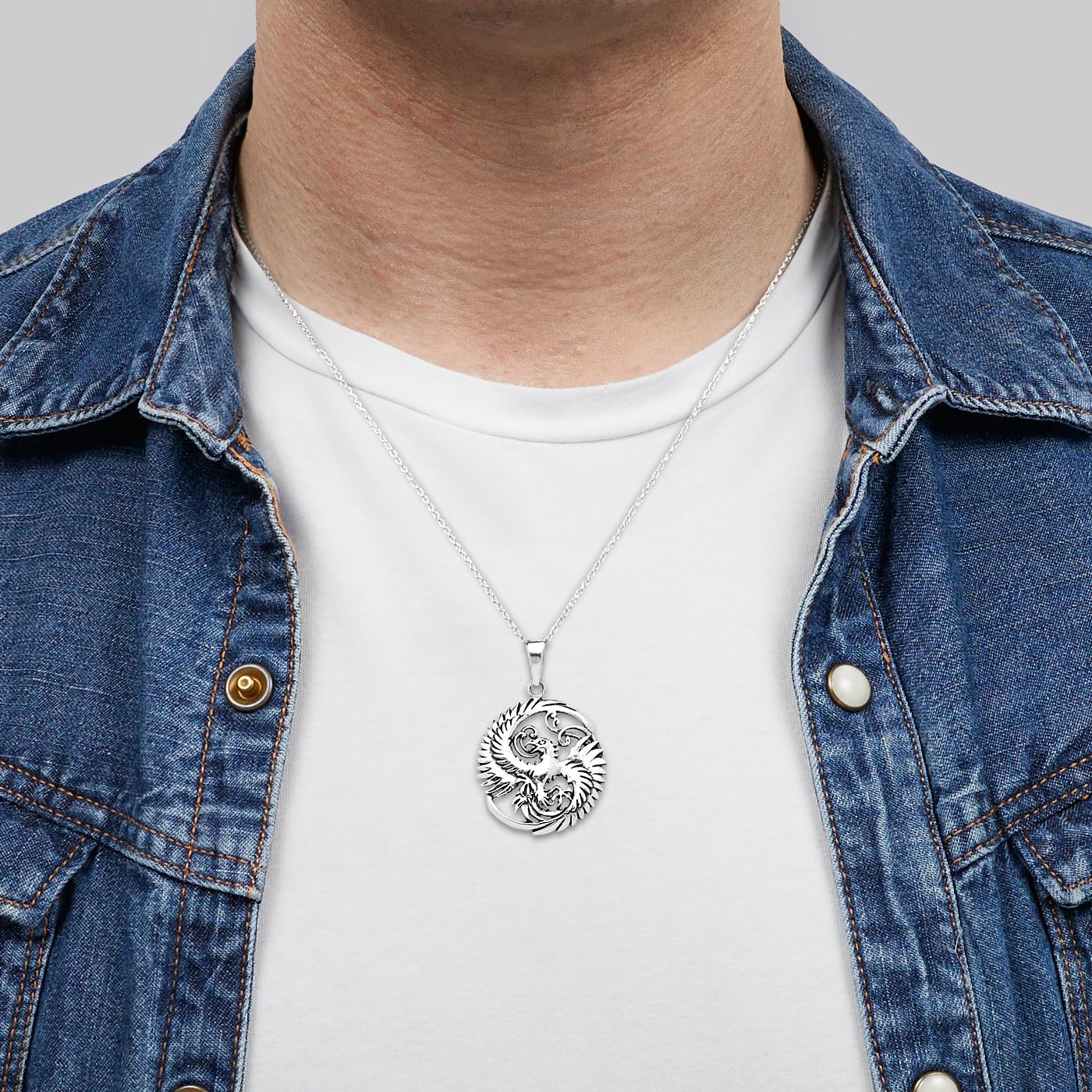 925 sterling silver pheonix bird pendant on male model