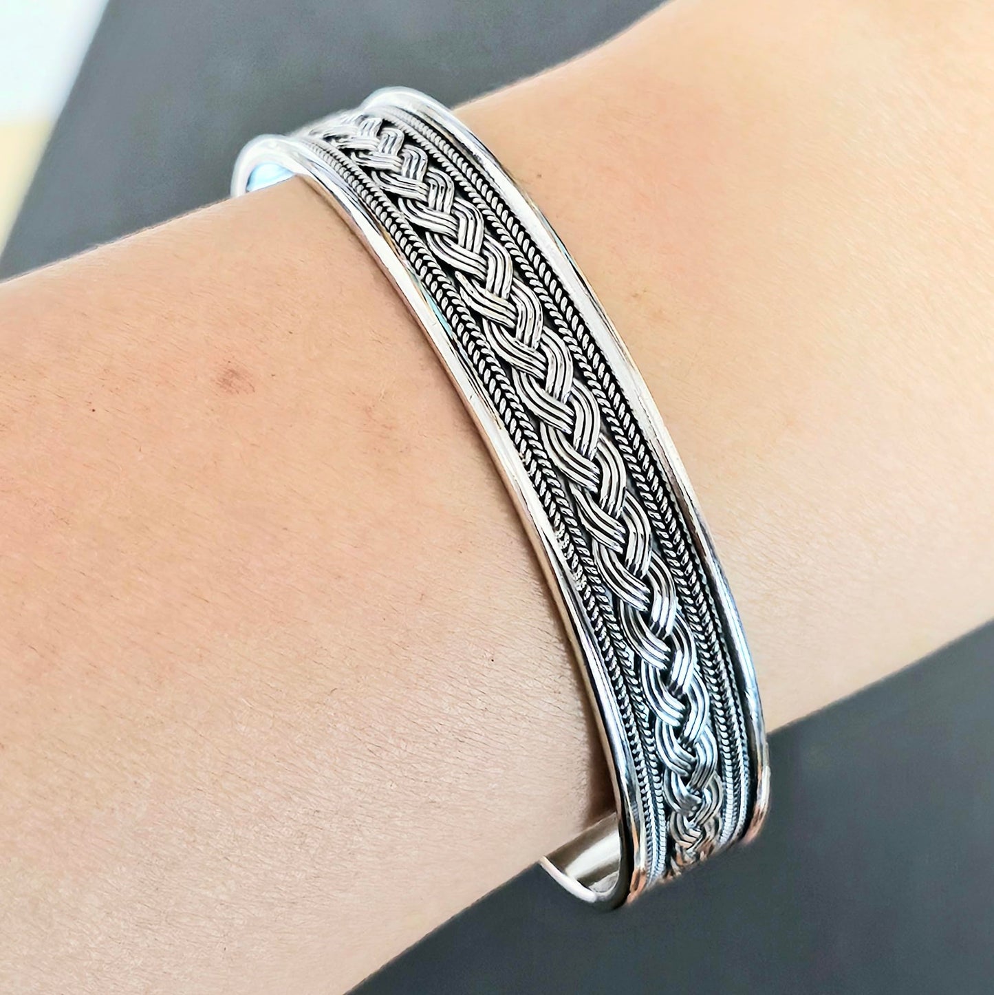 Braided details open cuff 925 sterling silver bangle bracelet for men on model