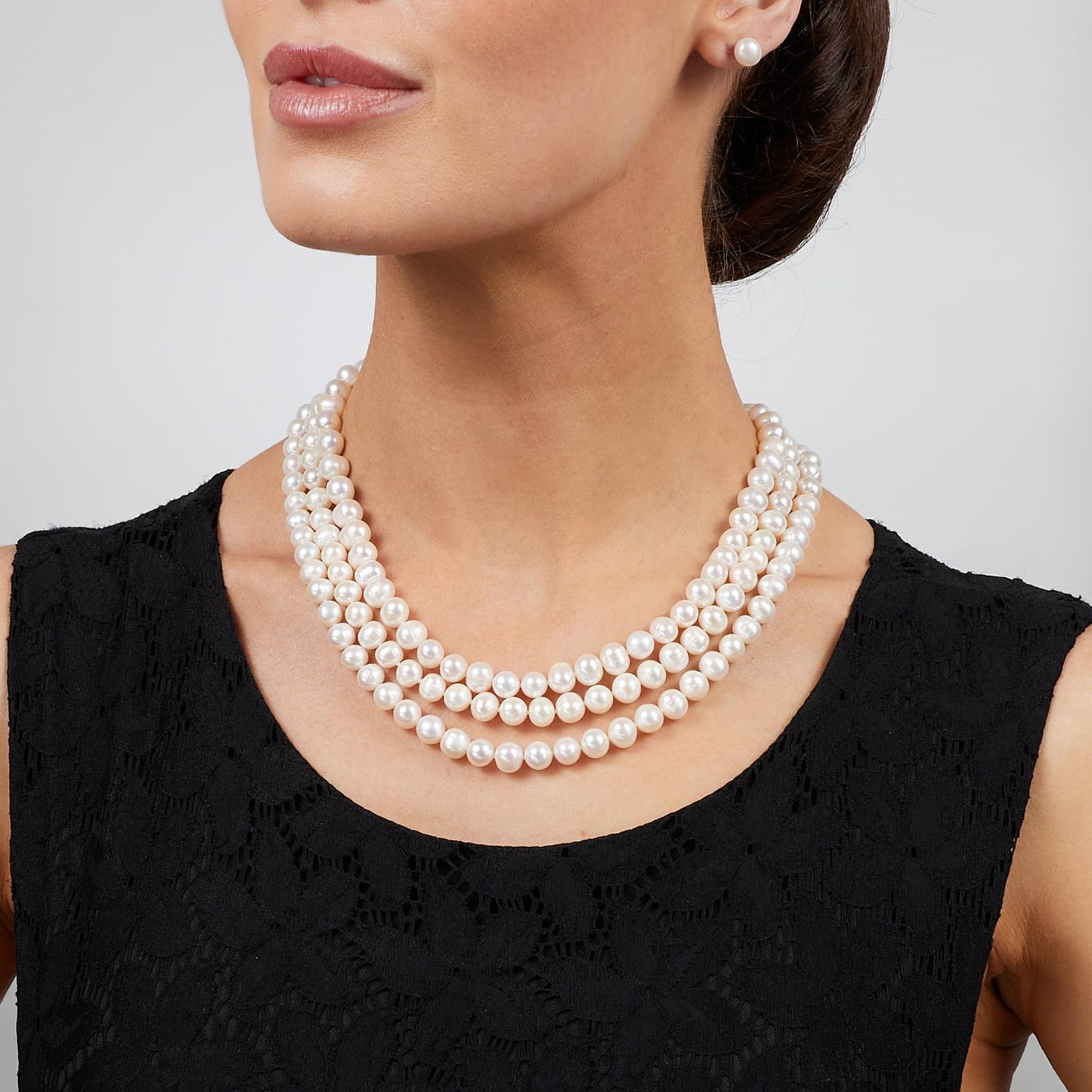 Triple Row AA Grade 7mm White Freshater Pearl Necklace on Female Model