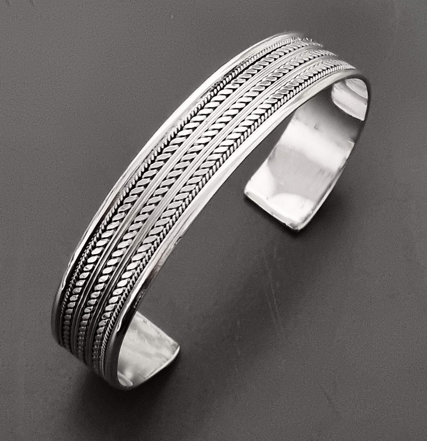 mens silver bangle braided details