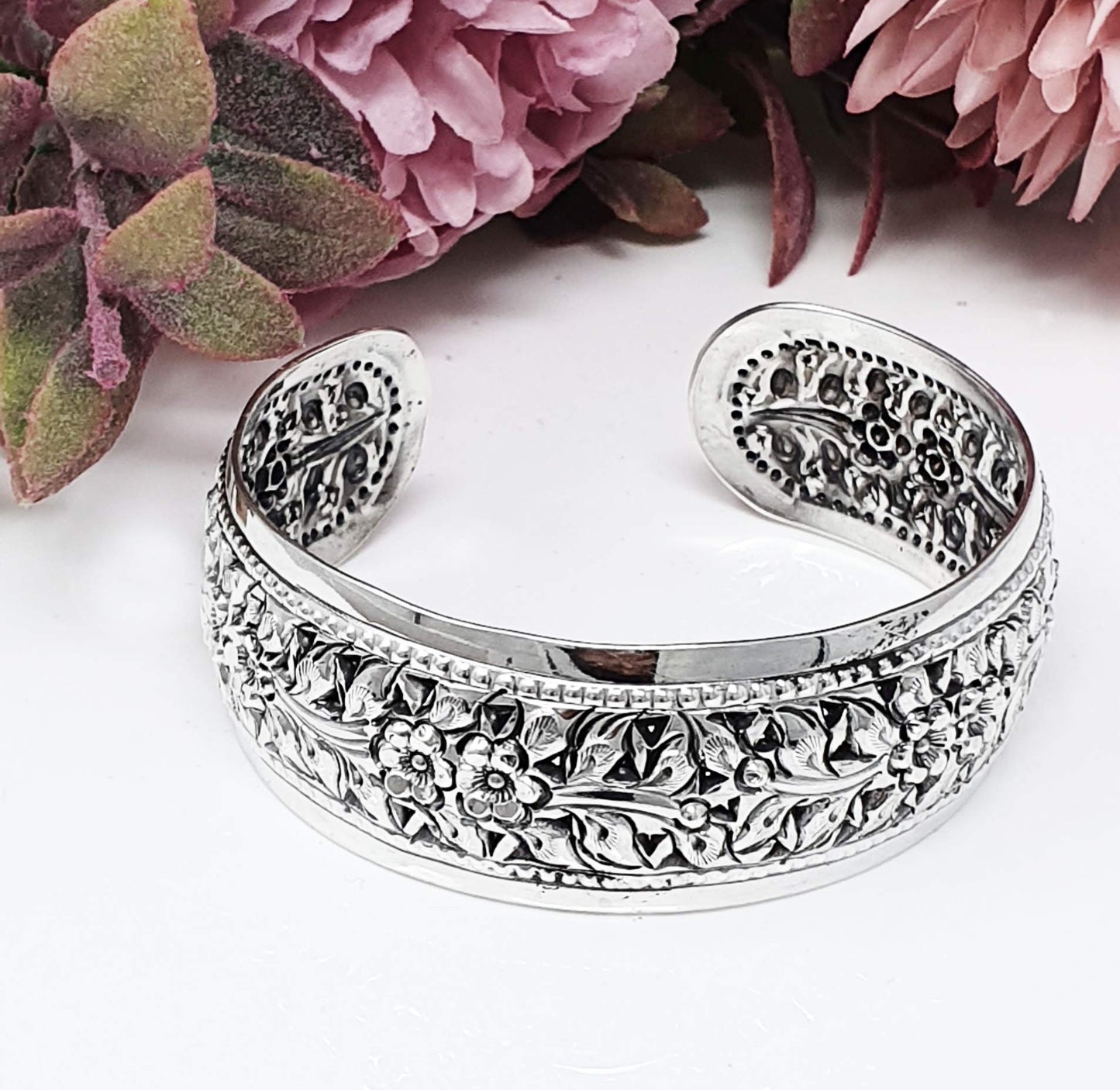 925 sterling silver chunky floral design wide cuff bangle for her